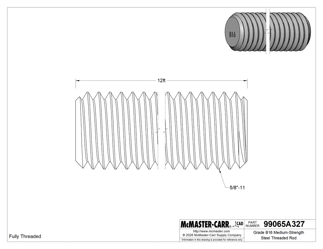 Technical Drawing of Grade B16 Medium-Strength Steel Threaded Rod, 5/8"-11 Thread Size, 12 Feet Long.